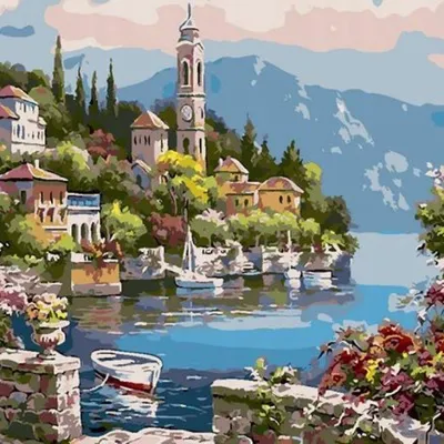 Obrázok produktu pre Obraz podľa čísel, motív: Mesto pri jazere, rozmer: 40x50 cm