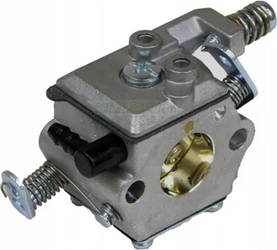 A close-up studio shot of a carburetor for a chainsaw.