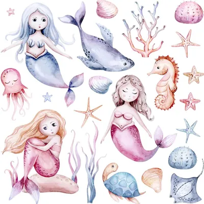 Produktbild von Wandaufkleber Kinderzimmer – Wandsticker für Baby & Kinder – Selbstklebende Wanddekoration – Abnehmbar ohne Rückstände – Deko für Mädchen & Jungen - Kleine Meerjungfrauen und Meerestiere in Aquarell60x76 cm
