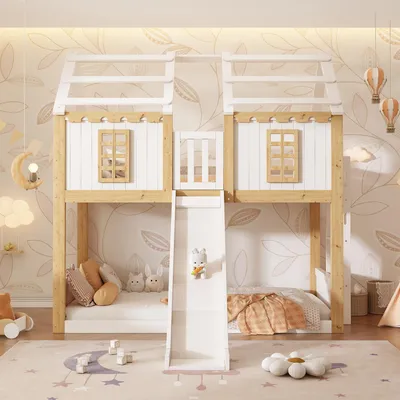 Productafbeelding van Kinderekkerbed 90 x 200 cm met glijbaan, houten huisbed met verstelbare ladder, ramen en een rondom bevestigde valbeveiliging, wit en naturel