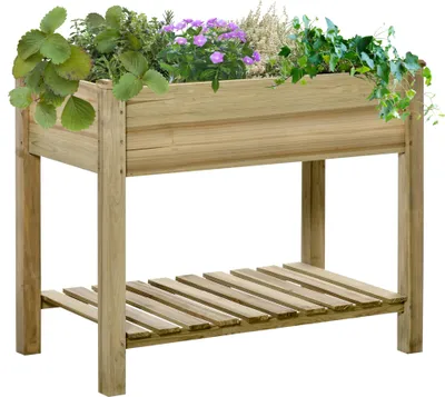 Produktbild von Outsunny Hochbeet mit Ablage, erhöhtes Kräuterbeet mit Ablauflöchern, Pflanzkasten aus Holz, wetterbeständig Gemüsebeet, Gartenbeet, Pflanzbeet für Garten, Balkon, Terrasse, 91 x 51 x 76 cm, Grün