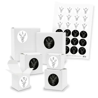 Produktbild von Adventskalender zum Füllen 24x Quader Würfel gemischt WEISS + Sticker (V01 Z48)