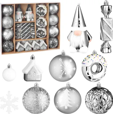 Produktbild von BRUBAKER 64-tlg. Christbaumschmuck - Weihnachtskugel mit Donuts, Häuser, Schneeflocken, Kugeln und Bonbons - Baumschmuck - Weihnachten, Silber Weiß