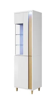 A tall, narrow cabinet with glass doors and wooden accents.