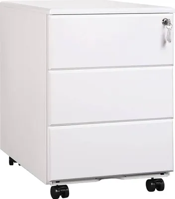 A white three-drawer filing cabinet on wheels.