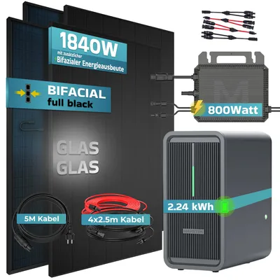 Produktbild von SUNNIVA® 1840W Balkonkraftwerk mit 2,24 kWh Speicher Marstek B2500-D, 4x 460W BIFAZIAL FULLBLACK komplett Steckdose, PV Solaranlage + Solarspeicher