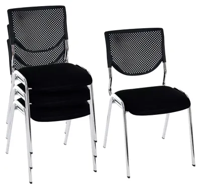 Produktbild von 4er-Set Besucherstuhl T401, Konferenzstuhl stapelbar, Stoff/Textil - Sitz schwarz, Füße Chrom