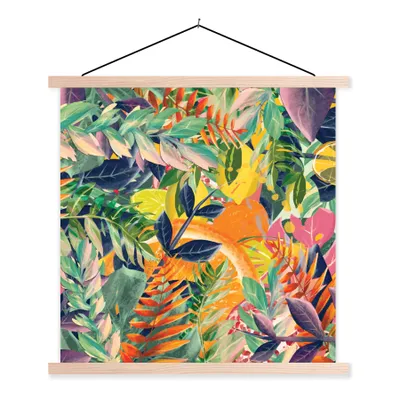 Produktbild von MuchoWow® Textilposter Blumen - Dschungel - Tropisch 120x120 cm mit holzfarbenen Rahmen - Textil-Poster