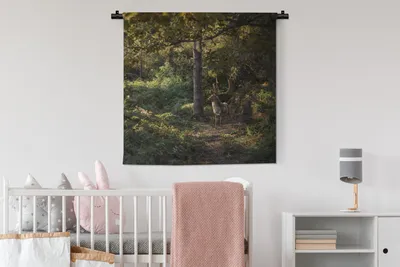Produktbild von MuchoWow® Wandteppich Wandbehang Hirsch - Geweih - Wald - Herbst 90x90 cm Tapisserie Dekoration Wandtuch - Wandaufhänger