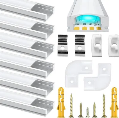 Produktbild von Chesbung LED Aluminium Profil 1m, 6er Set, U-Form, für Strips, Inkl. milchig-weißer Abdeckungen, Endkappen und Befestigungsmaterial