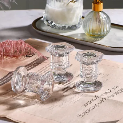 Teelichthalter aus Glas, 4er-Set, sechseckiges Reliefdesign