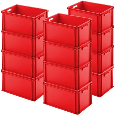 Several stacks of red plastic storage crates.
