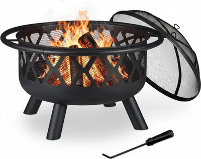 Produktbild von Relaxdays Feuerschale mit Funkenschutz, Garten & Terrasse, mit Schürhaken, Outdoor Feuerstelle, Stahl, Ø 75 cm, schwarz