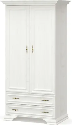 A white wooden wardrobe with two doors and two drawers, shown against a white background.