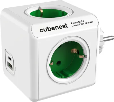A white cube-shaped power strip with multiple outlets and USB ports, shown against a white background.