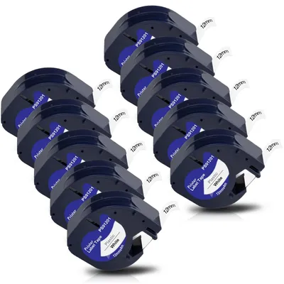 Zdjęcie produktu dla Zestaw taśm do etykiet, 10 sztuk, do drukarek Dynmo - 12 mm x 4 m, czarne nadruki na białym tle