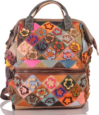 Produktbild von Handgefertigter City Backpack Pachwork Rucksack Blumen Leder bunt 30680