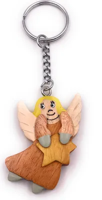 Produktbild von Onwomania Handmade Holz Schlüsselanhänger Engel Himmelsbote mit Stern fliegend