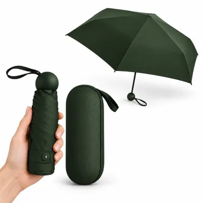 Produktbild von Mini Taschenschirm mit Etui – ultrakompakter Regenschirm 19 cm, 6 Streben, wasserabweisend, für Handtasche & Reise – Dunkelgrün