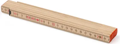 A folded wooden ruler with measurement markings.