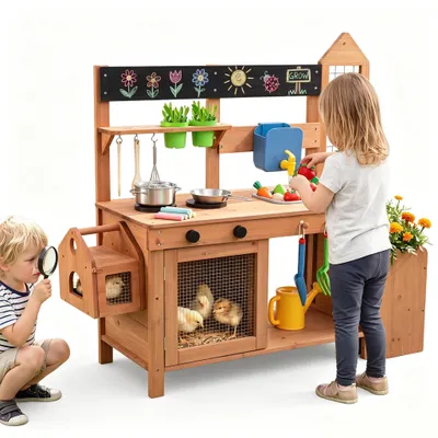 Produktbild von KOMFOTTEU Holz Matschküche Outdoor, Kinder Spielküche mit abnehmbarem Vogelkäfig, Pflanzkasten, Spalier, Spülbecken, Herden und 14 Zubehörteilen, Holzküche für Jungen und Mädchen ab 3 Jahren