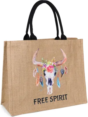 Produktbild von styleBREAKER Leinen Henkeltasche mit Boho Stier Print | Damen Shopper mit Baumwollgriffen und Reißverschluss | Strandtasche Einkaufstasche | 41 x 33 x 17 cm