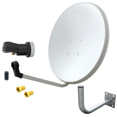 A satellite dish kit with its components laid out against a white background.