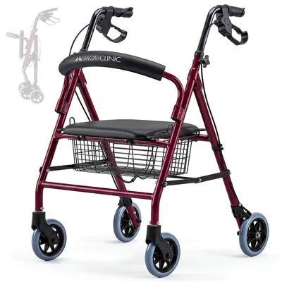 Zdjęcie produktu dla Mobiclinic Rollator Escorial – składany i lekki rollator z blokowanymi hamulcami ręcznymi, aluminiowy, z wyjmowanym koszykiem w kolorze bordowym
