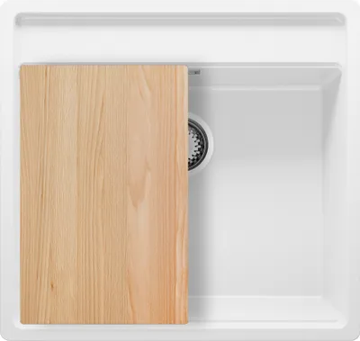 Produktbild von PRIMAGRAN Eckspüle Weiß 56x53cm, Granitspüle 1 Becken + Ablauf-Set + Schneidebrett, Küchenspüle ab 60er Unterschrank - Bergen