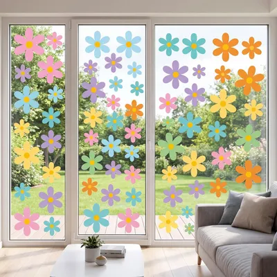 Imagen del producto de Calcomanías para ventanas, diseño de primavera, autoadhesivas, 7 láminas, 84 unidades, con motivos de margaritas, para decorar ventanas
