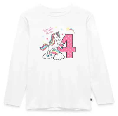 Produktbild von Spreadshirt Ich Bin Schon Vier Einhorn Kinder Premium Langarmshirt, 122/128 (6 Jahre), Weiß