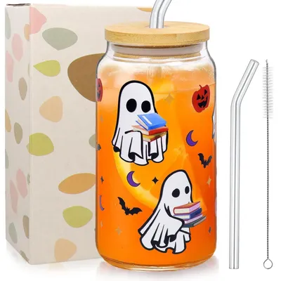 Obrázek produktu pro Skleněná hrnčík na Halloween o objemu 500 ml s víkem a brčkem, s motivem dýně a ducha