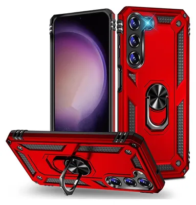 Three views of a red phone case with a ring holder, displayed against a white background.