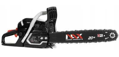 A black and silver chainsaw with a 20-inch bar is shown against a white background.