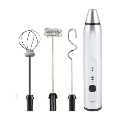 A silver electric milk frother with three interchangeable attachments displayed on a white background.