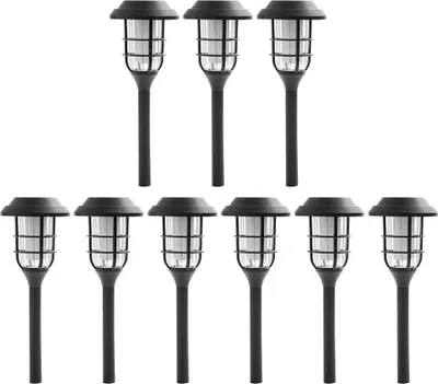 A set of solar-powered garden lights arranged in two rows against a white background.