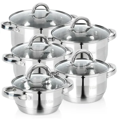 Produktbild von Vilde | Kochtopf Set 5-teilig - mit Glasdeckeln - 1 / 1,75 / 2,5 / 3.4 / 5,8 L - Edelstahl - INOXCELLENT