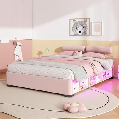Produktbild von Flieks Kinderbett 140x200cm mit flexibler Kopfstützen, Polsterbett mit offenem Staufach, Stauraumbett Doppelbett mit Led, Samt, Rosa