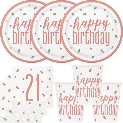 Produktbild von 21. Geburtstag Partyset Einweggeschirr roségold 48 tlg. Partygeschirr Teller Becher Servietten