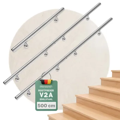 Productafbeelding van MONZANA® RVS handrail, V2A roestvrij staal, leuning, trapleuning, 500 cm, wandbevestiging, verbindingen, afsluitdopjes, geschikt voor binnen- en buitengebruik
