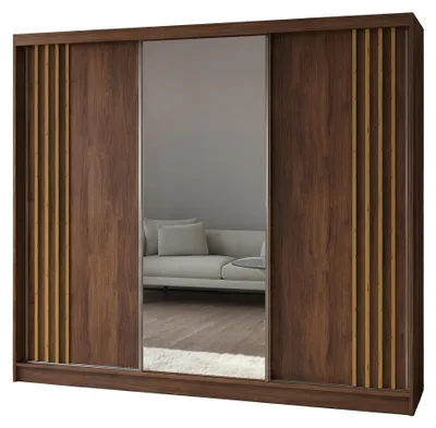 Productafbeelding van 240 cm kledingkast Neli met lamellen en spiegel, inclusief 3 schuifdeuren. Schuifdeurkledingkast (kleur: Nuss Warmia, lamellen artisan)