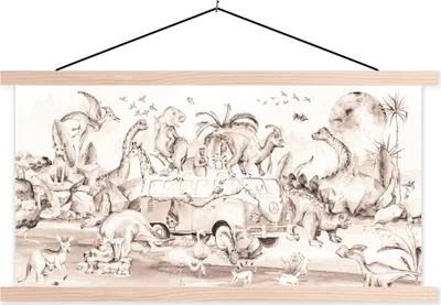 Produktbild von MuchoWow® Textilposter Dinosaurier - Bus - Kinder - Tiere - Bäume 120x60 cm mit holzfarbenen Rahmen - Klemmleiste