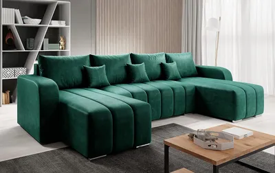 Produktbild von Easy4You Pufetto Velours Flasche Grün Ecksofa U-Form 320 x 80 x 147 cm mit Schlaffunktion und Bettzeugbehälter - Schlafsofa mit Bettkasten - Eckcouch mit Stauraum – Stoff: MANILA 35