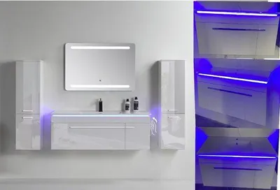 Produktbild von Badmöbelset 120cm Königsblau Weiß Hochglanz LED-Funktion Badezimmermöbel Set, Spiegel:Mit LED-Spiegel, Waschbecken:Mit Keramik Waschbecken, Seitenschrank:Ohne Seitenschrank, Waschbeckenunterschrank:Mit LED Unterschrank, K-Farbe:Weiß