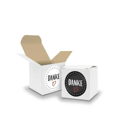 Produktbild von SET DANKE (Motiv22) 24x Faltschachtel Würfel 5cm weiß innen braun+Sticker
