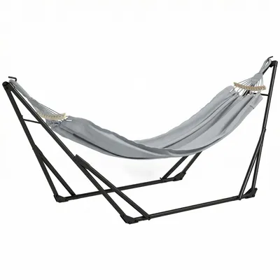 Image de Support pour hamac pliable 2-en-1, incluant le hamac. Structure en acier, supportant jusqu'à 120 kg. Sac de transport. Dimensions : 263 x 89 x 100 cm. Couleur : gris