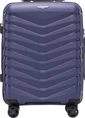 A studio shot of a blue suitcase on a white background.