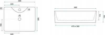 Technical drawings of a sink with dimensions.