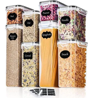 Immagine prodotto di Set di 8 contenitori ermetici per alimenti, con coperchi dotati di guarnizione in silicone, capacità da 0,75 a 2,5 litri, privi di BPA, impilabili, inclusi 24 etichette e una penna