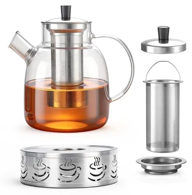 Glaskanne mit Stövchen und Sieb, 1,8 l, Edelstahl, hitzebeständig